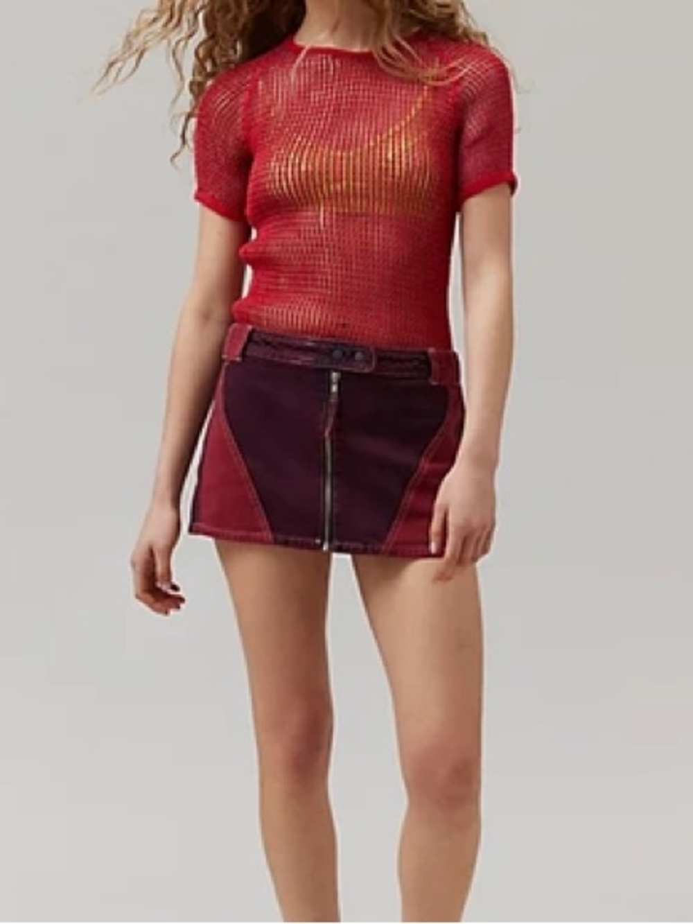 Urban Outfitters Red and Burgundy Colorblock Zip-Front Mini Skirt